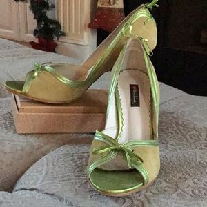 Green suede with metallic accent peep toe and wooden heel